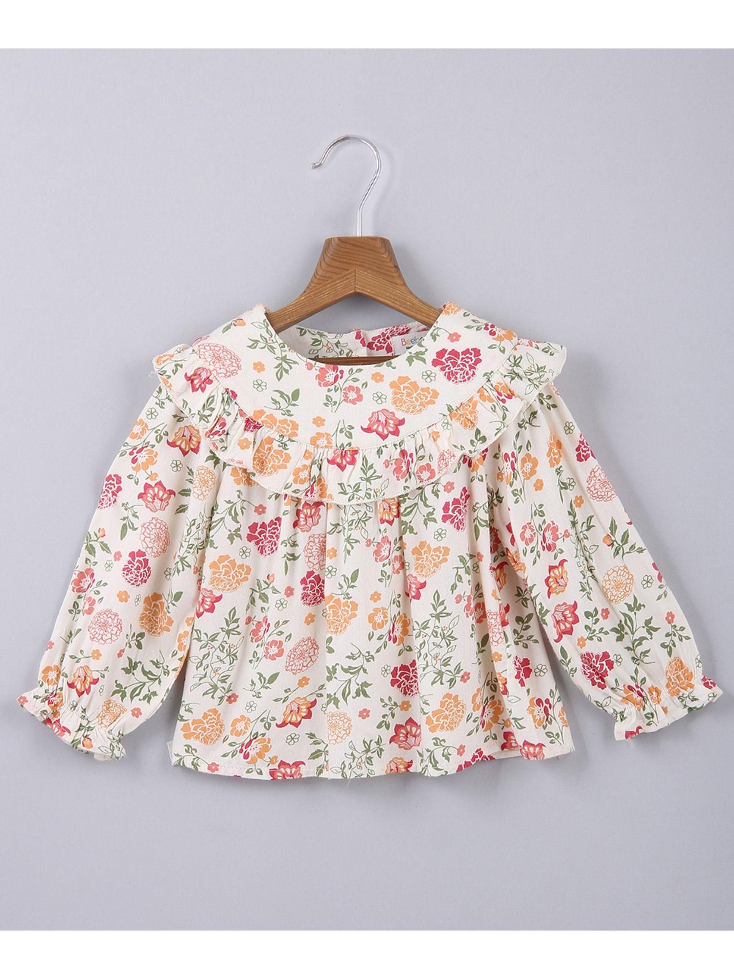floral printed ruffle cotton top - off white