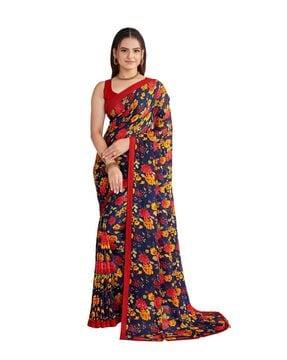 floral printed saree with contrast border