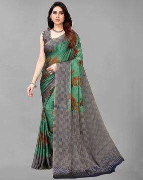 floral printed saree with contrast border