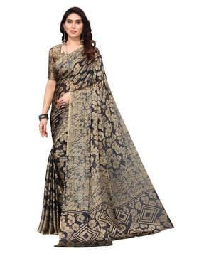 floral printed saree with contrast border