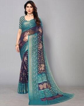 floral printed saree with contrast border