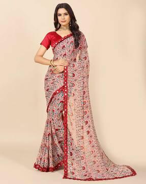 floral printed saree with mirror border