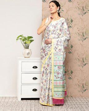 floral printed saree with tassels & unstitched blouse piece