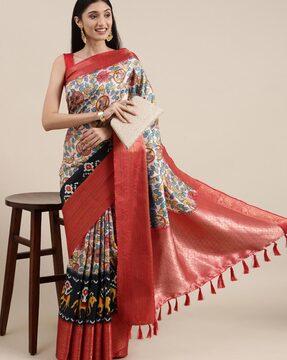 floral printed saree with tassels & unstitched blouse piece