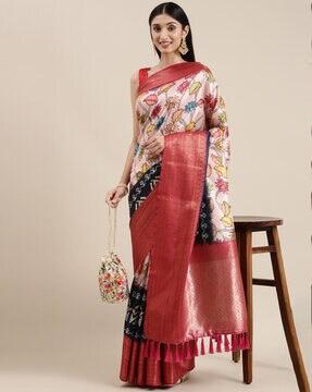 floral printed saree with tassels & unstitched blouse piece