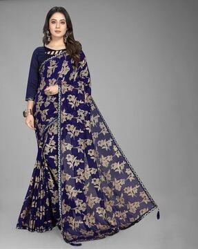 floral printed saree with tassels