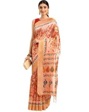 floral printed saree with tassels