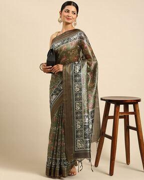 floral printed saree with tassels