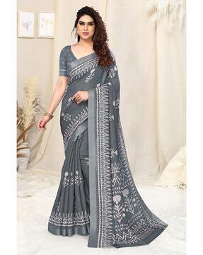 floral printed saree with zari border & unstitched blouse piece