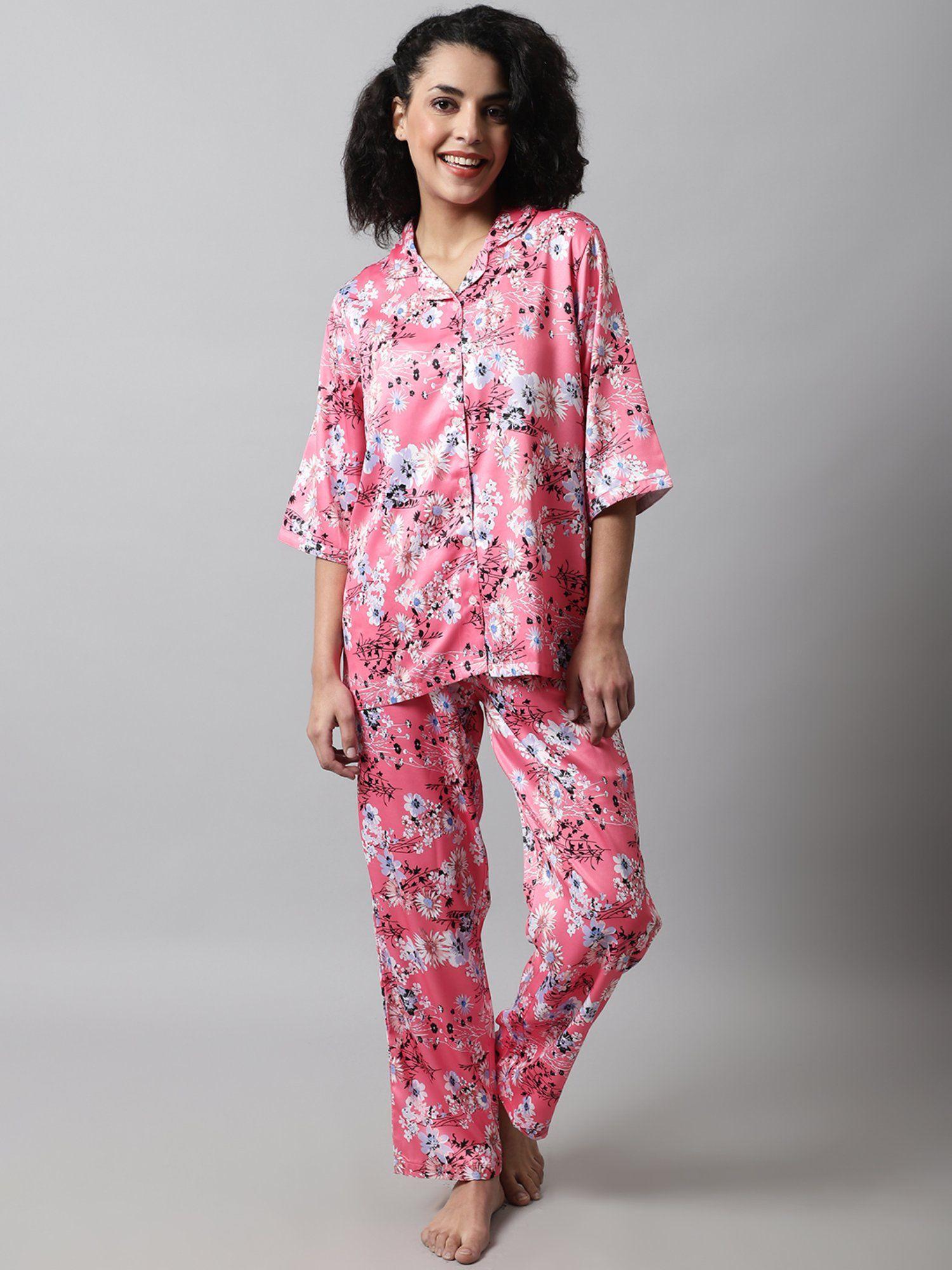 floral printed satin night suit (set of 2)