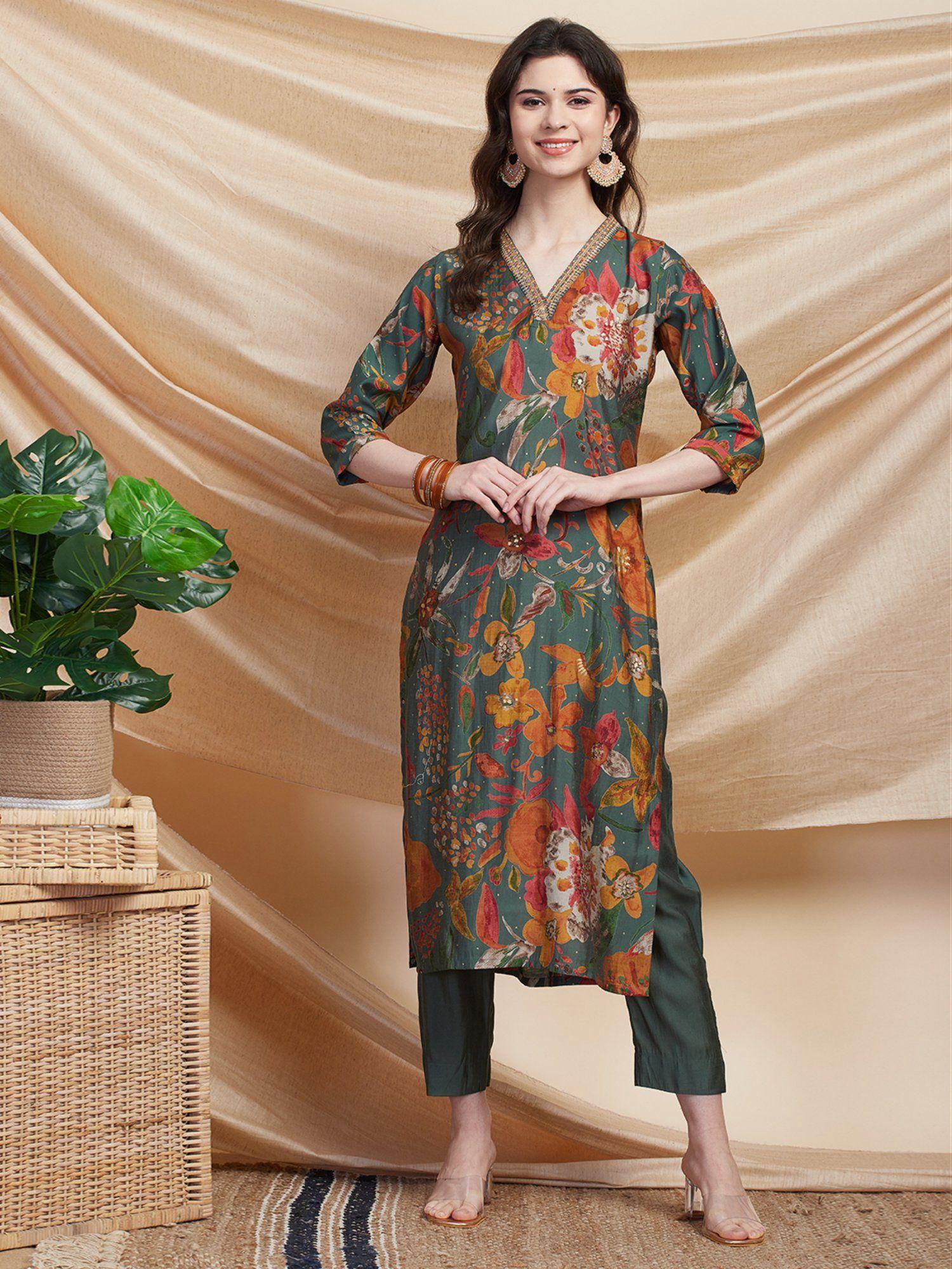 floral printed sequined kurta with pants - green (set of 2)