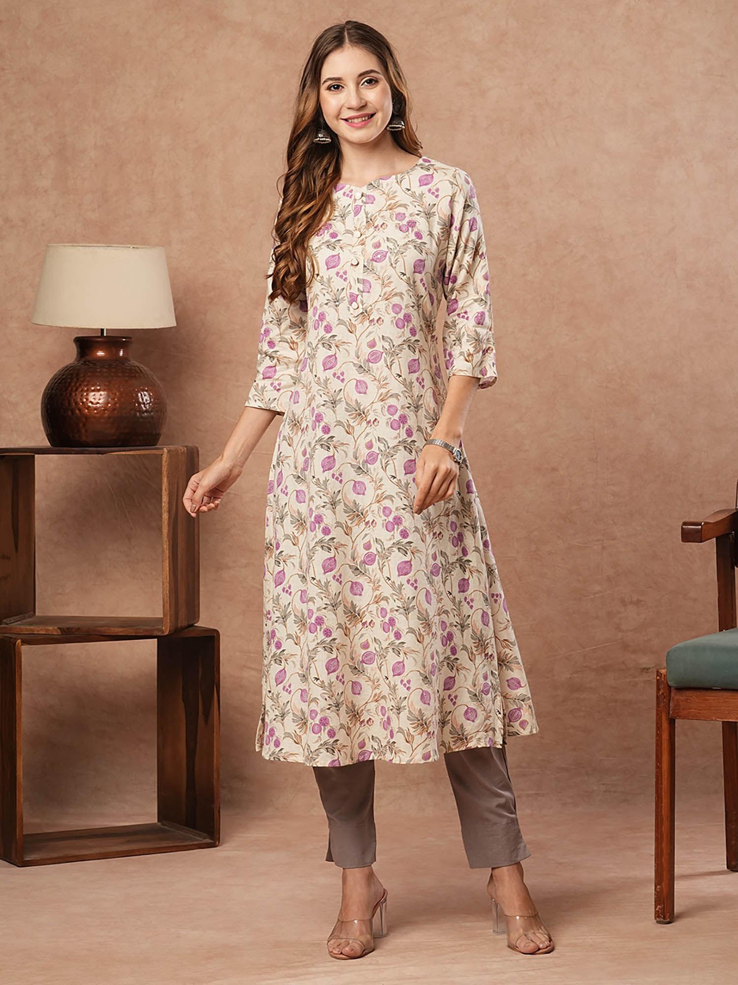 floral printed sequins embellished kurta - off white