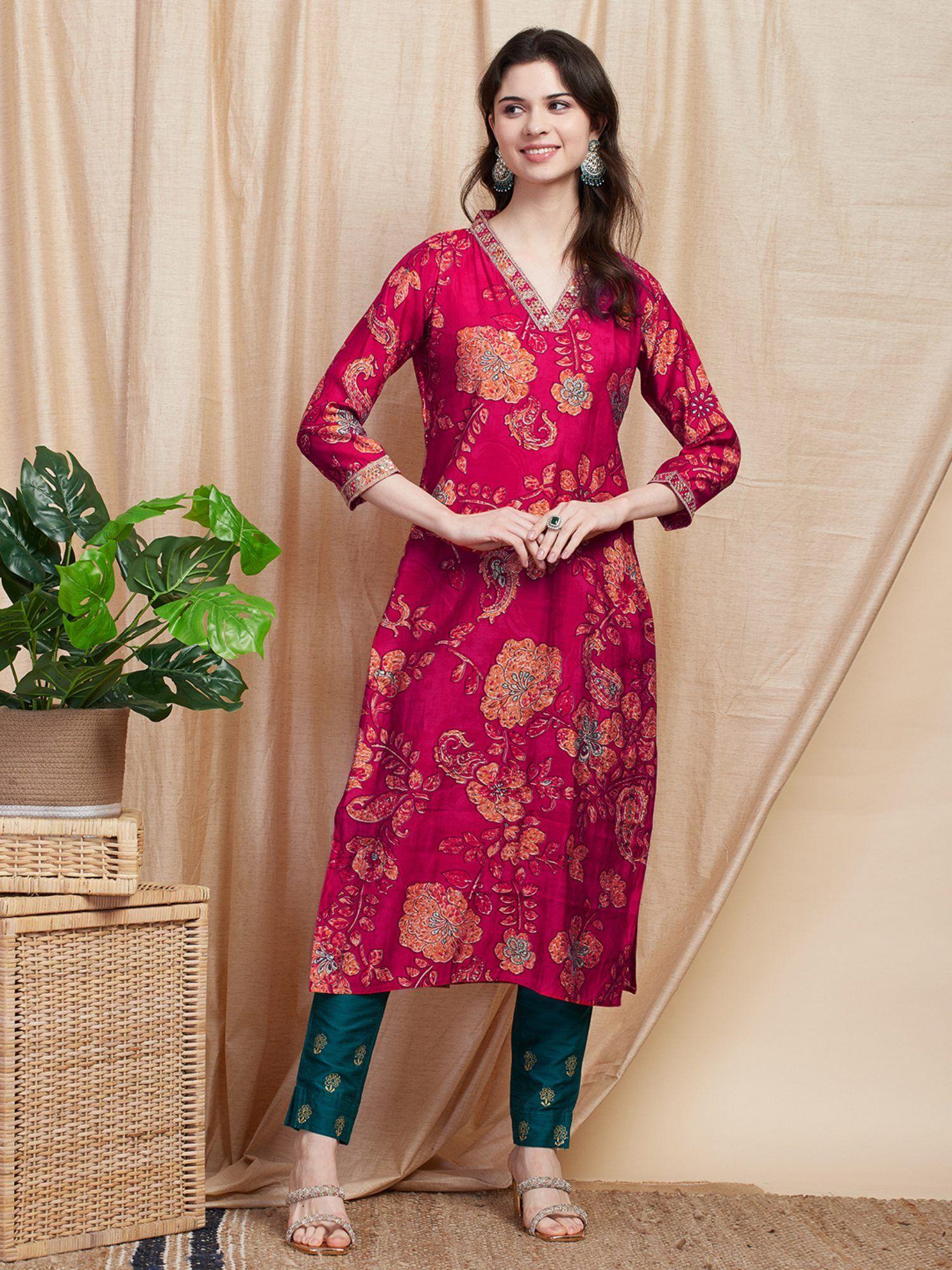 floral printed sequins embroidered kurta - pink & red