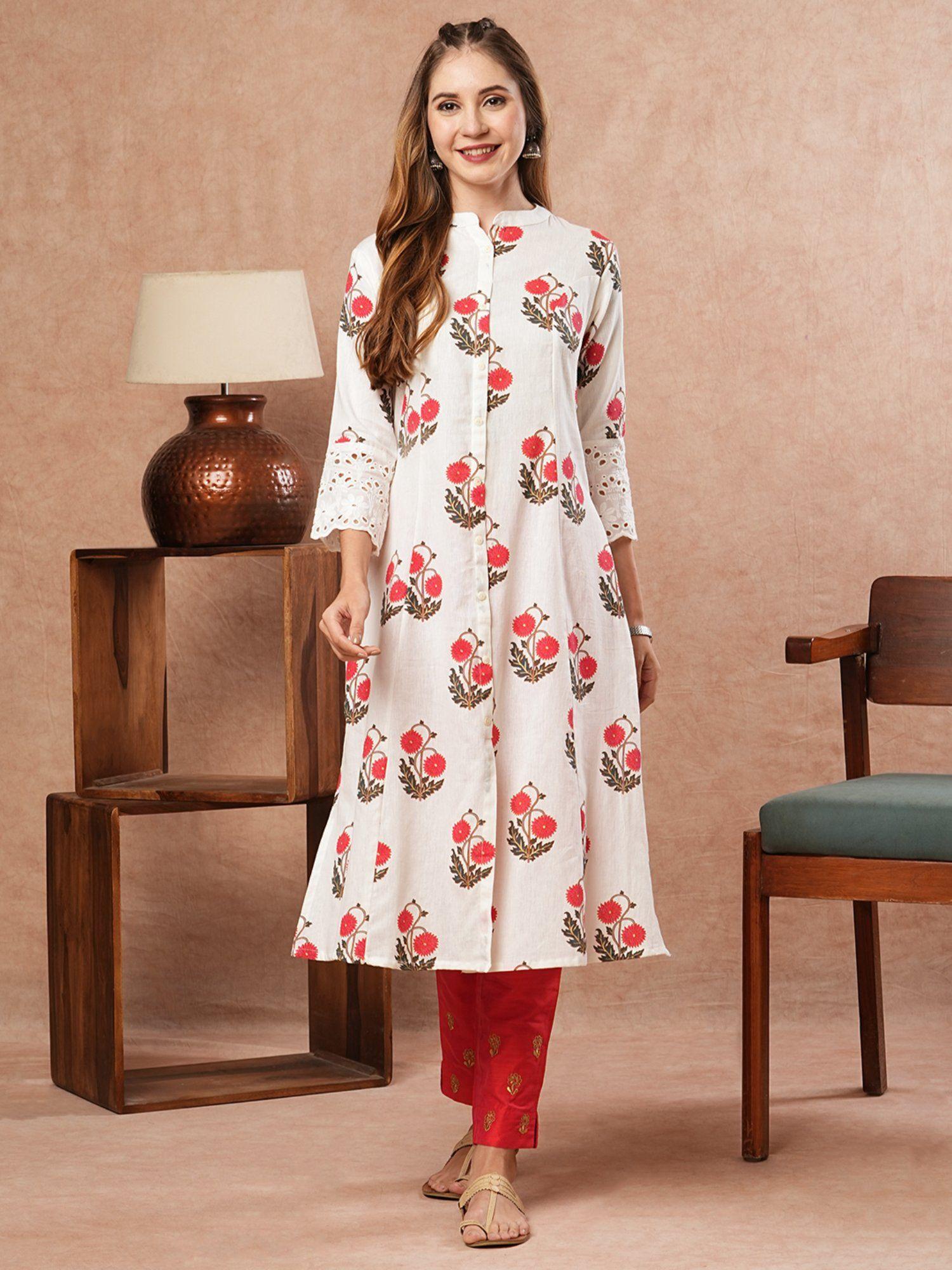 floral printed shifali lace work white kurta