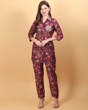 floral printed shirt kurta & pants set