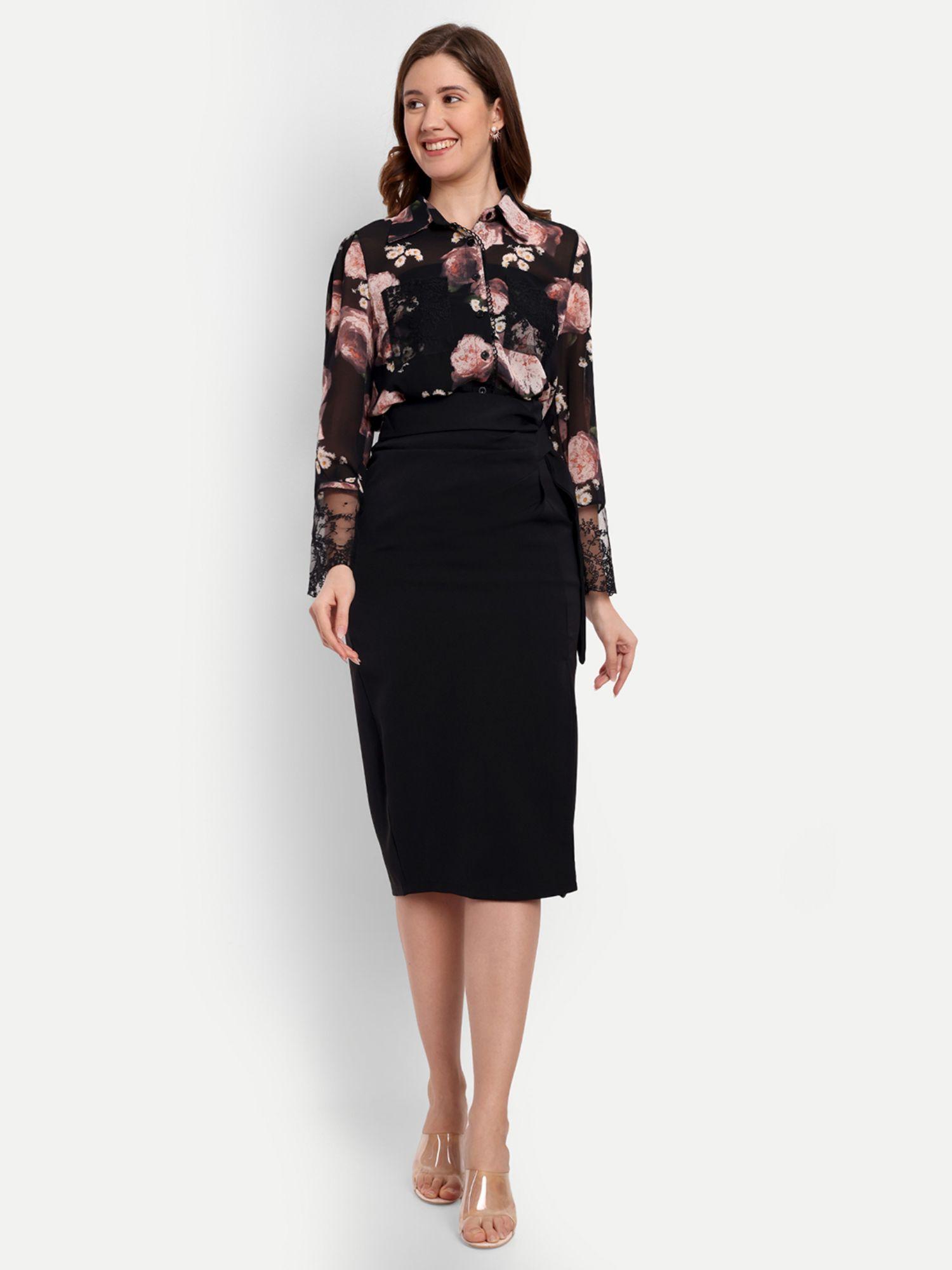 floral printed shirt with a black draped pencil skirt (set of 2)