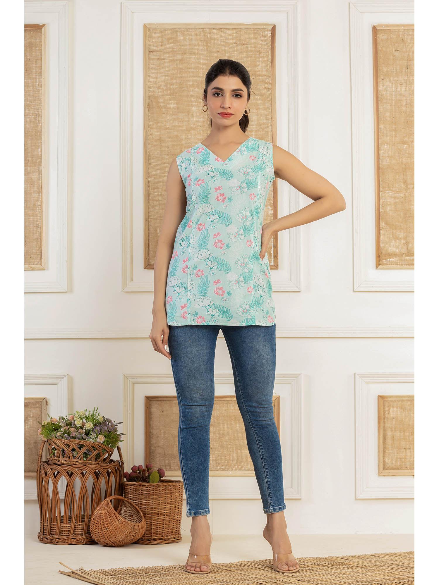 floral printed sleeveless blue cotton top