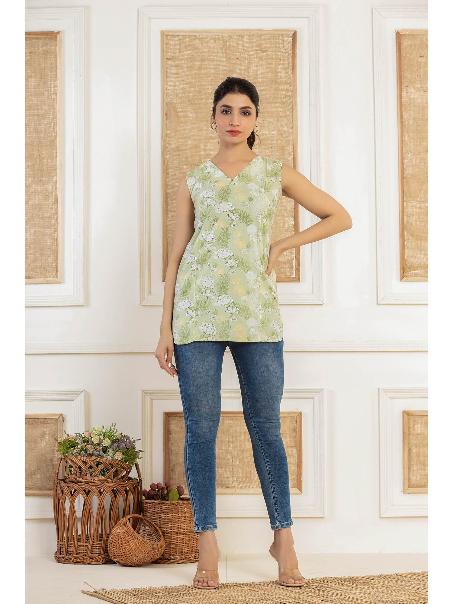 floral printed sleeveless green cotton top