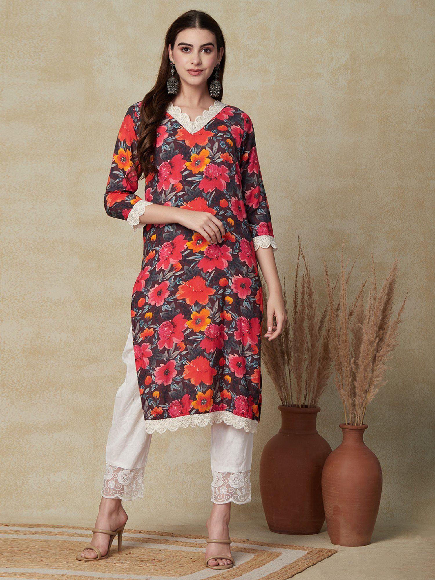 floral printed straight fit kurta - multi-color