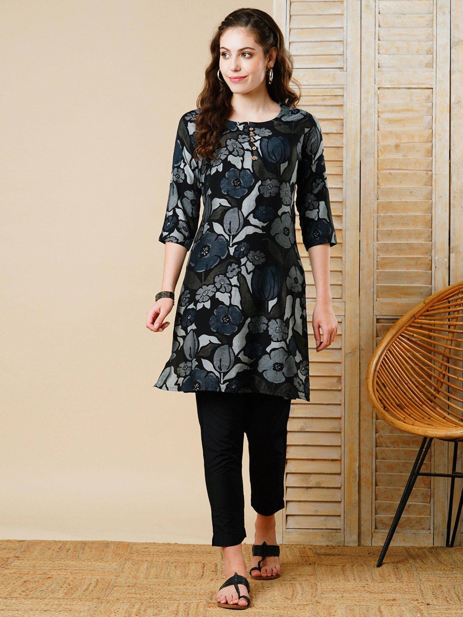 floral printed straight fit kurti - black