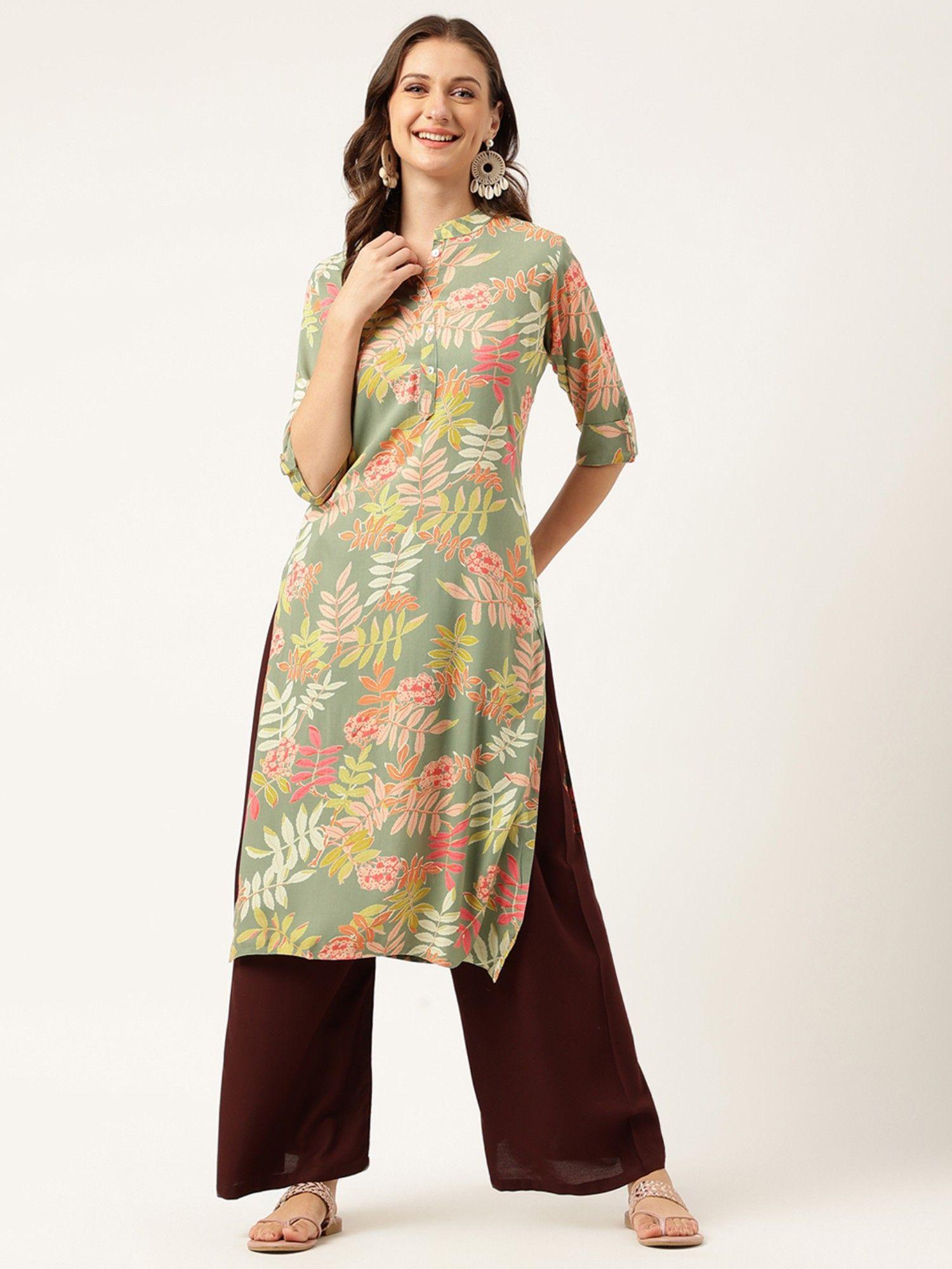 floral printed straight kurta - green