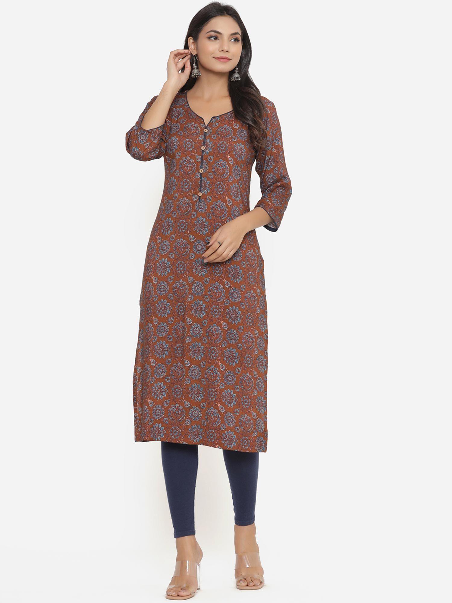 floral printed straight rayon kurta with buttons brown