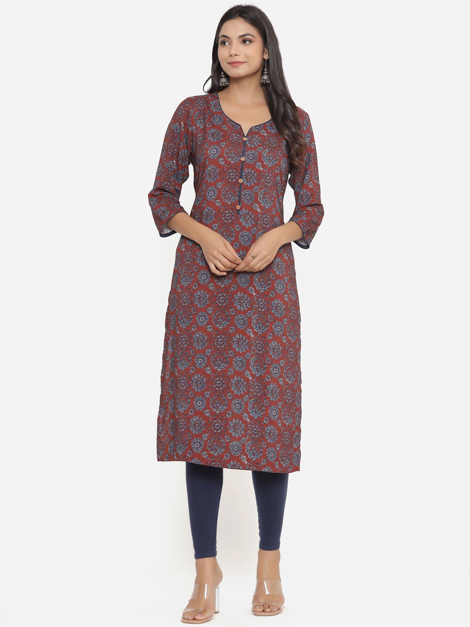 floral printed straight rayon kurta with buttons maroon