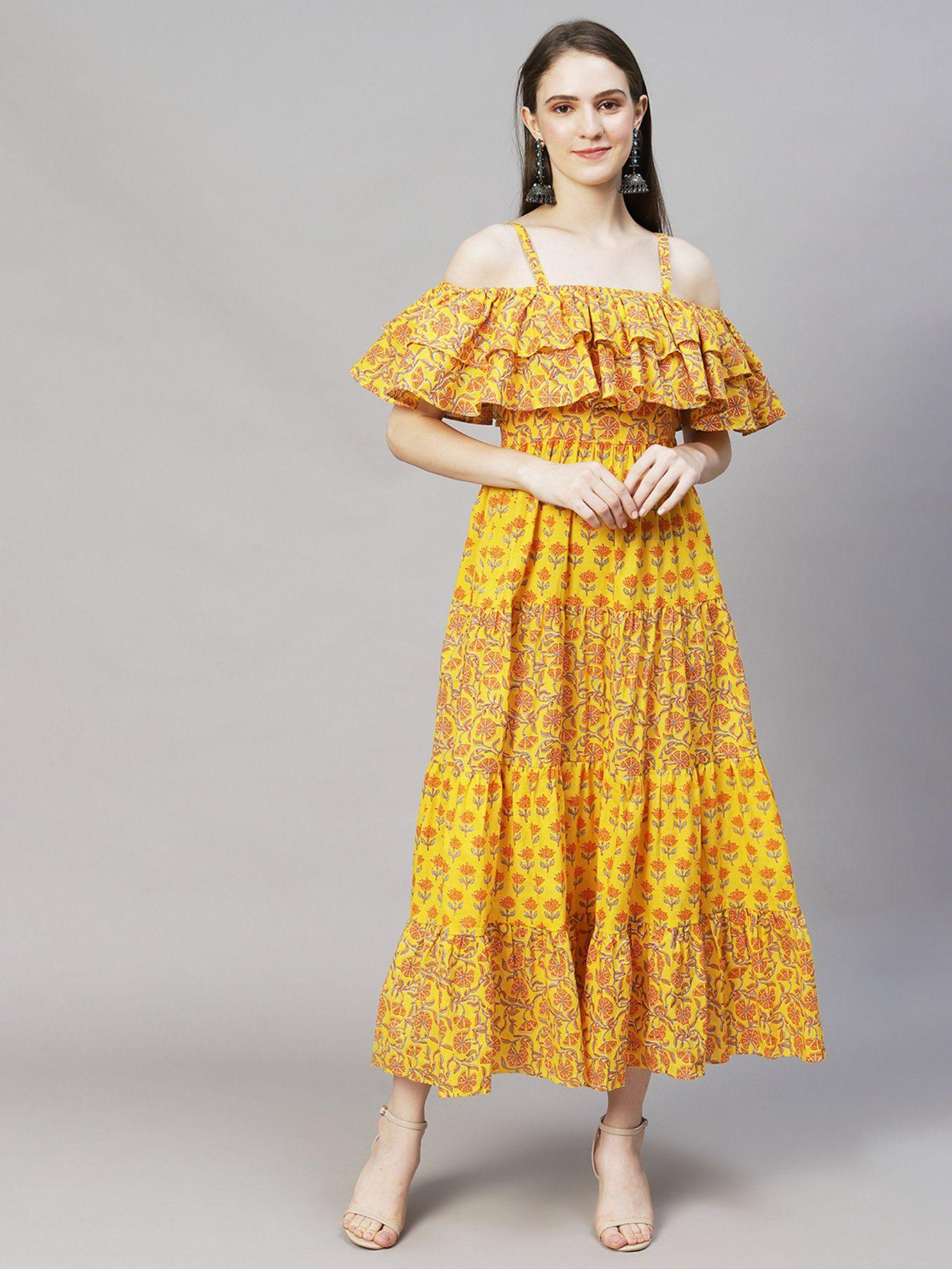 floral printed tiered flared maxi dress yellow