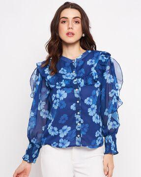 floral printed top with cuffed sleeves