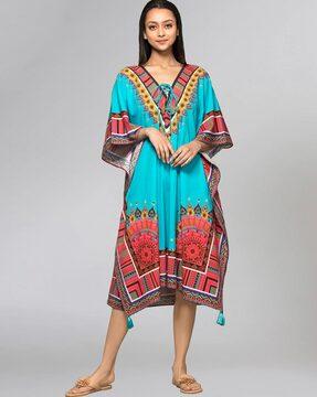 floral printed v-neck kaftan dress with tassel