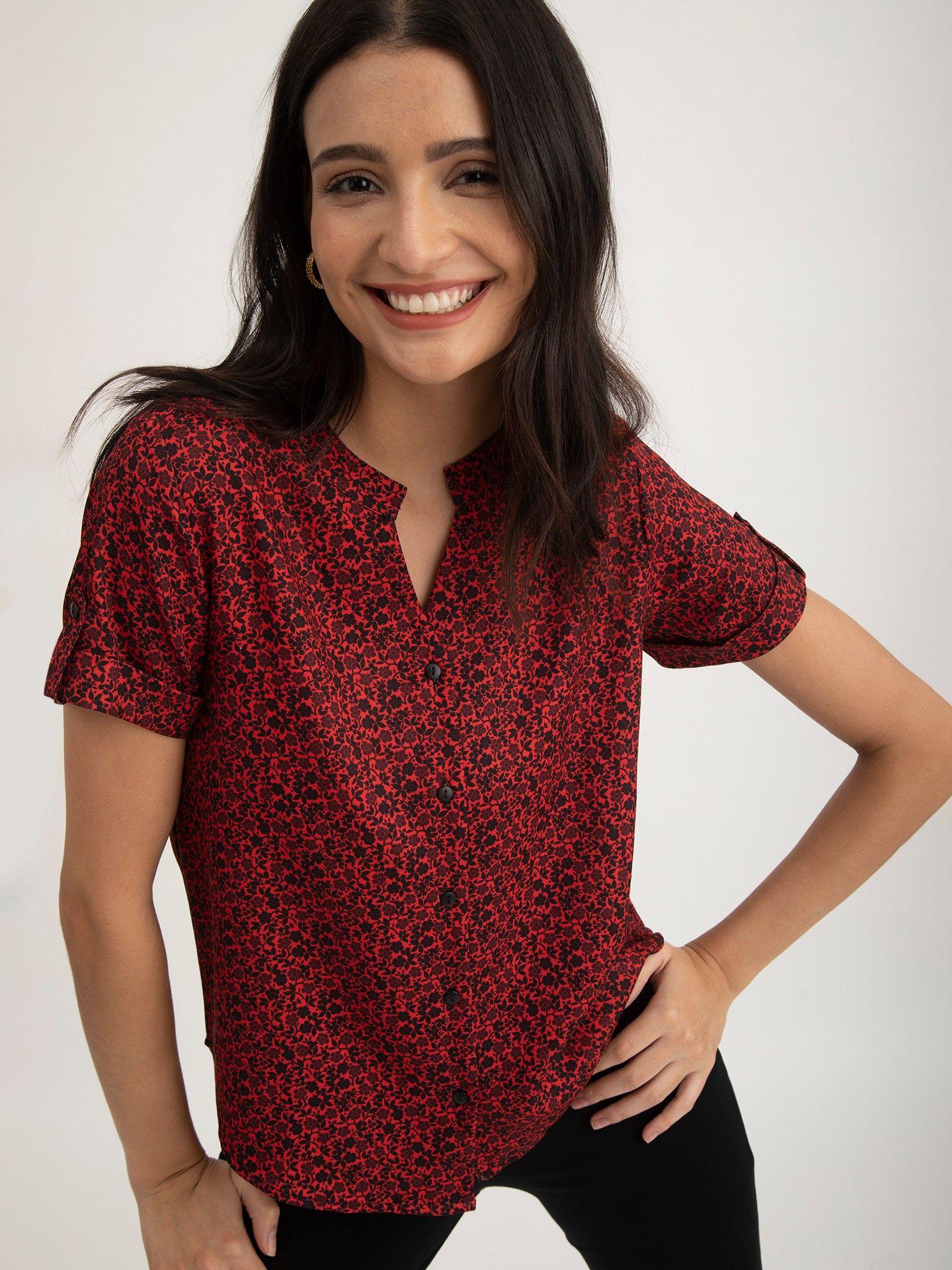 floral printed v-neck top - red