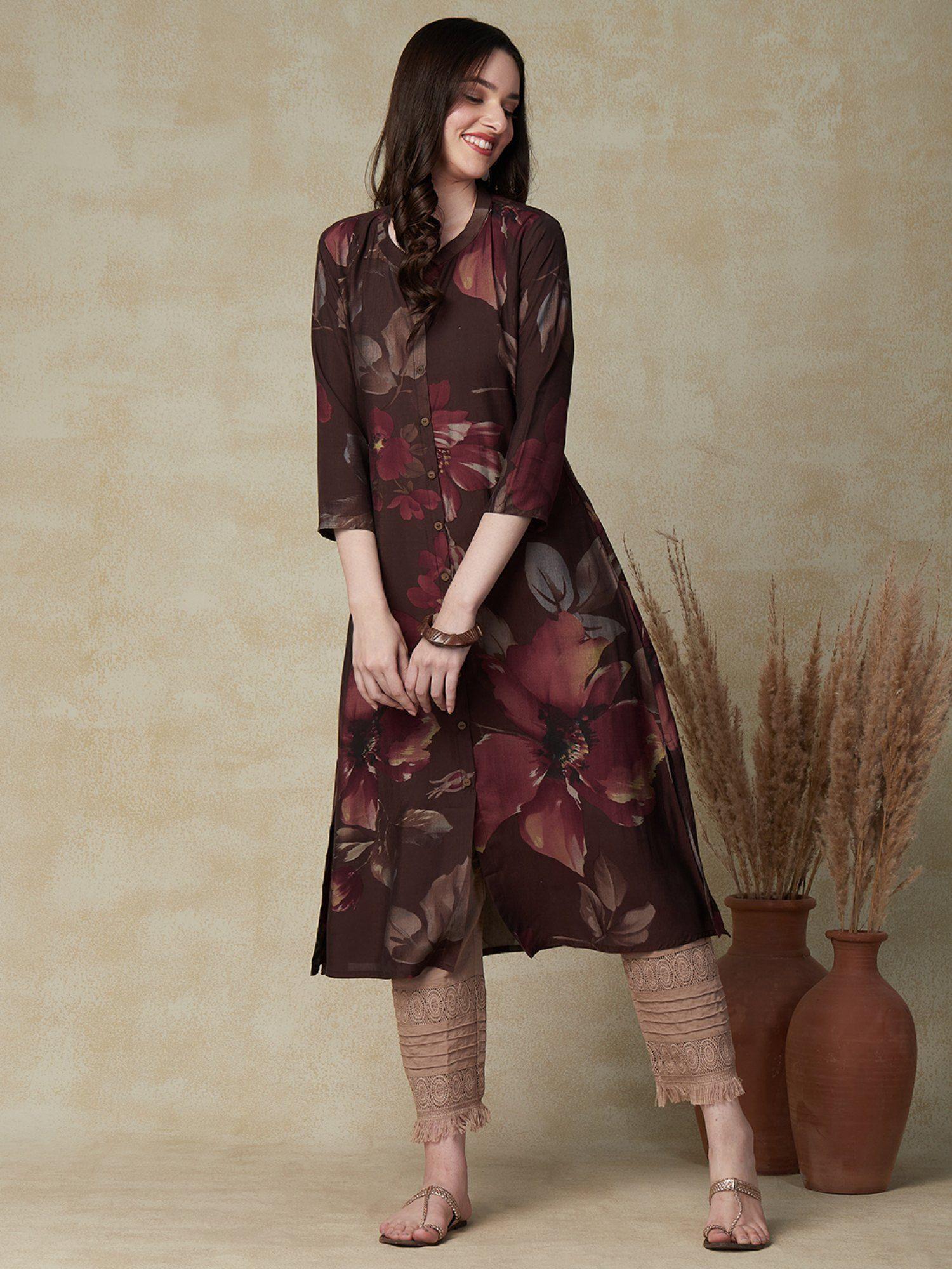 floral printed wooden buttoned kurta - brown