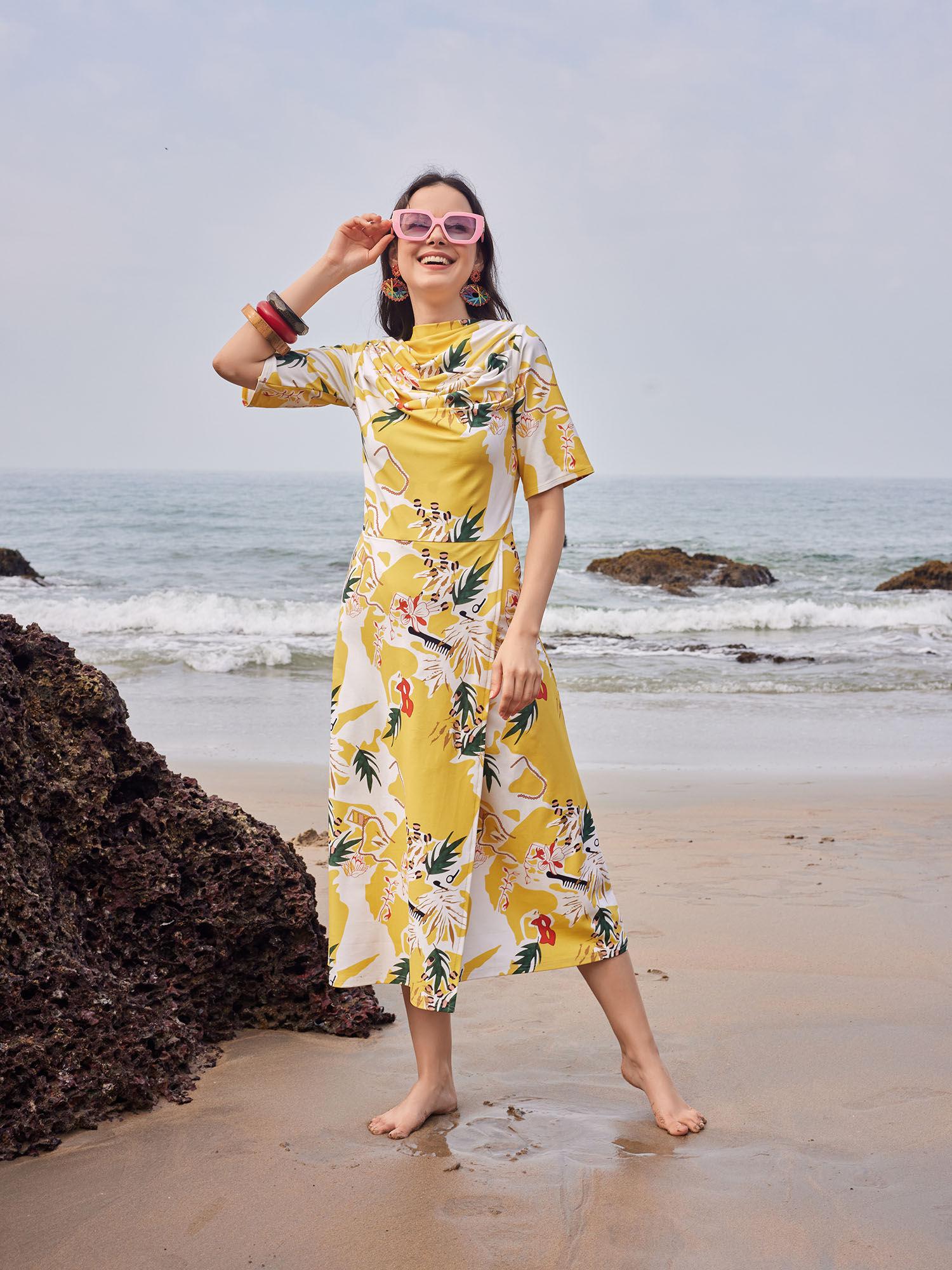 floral printed yellow front silt dresses