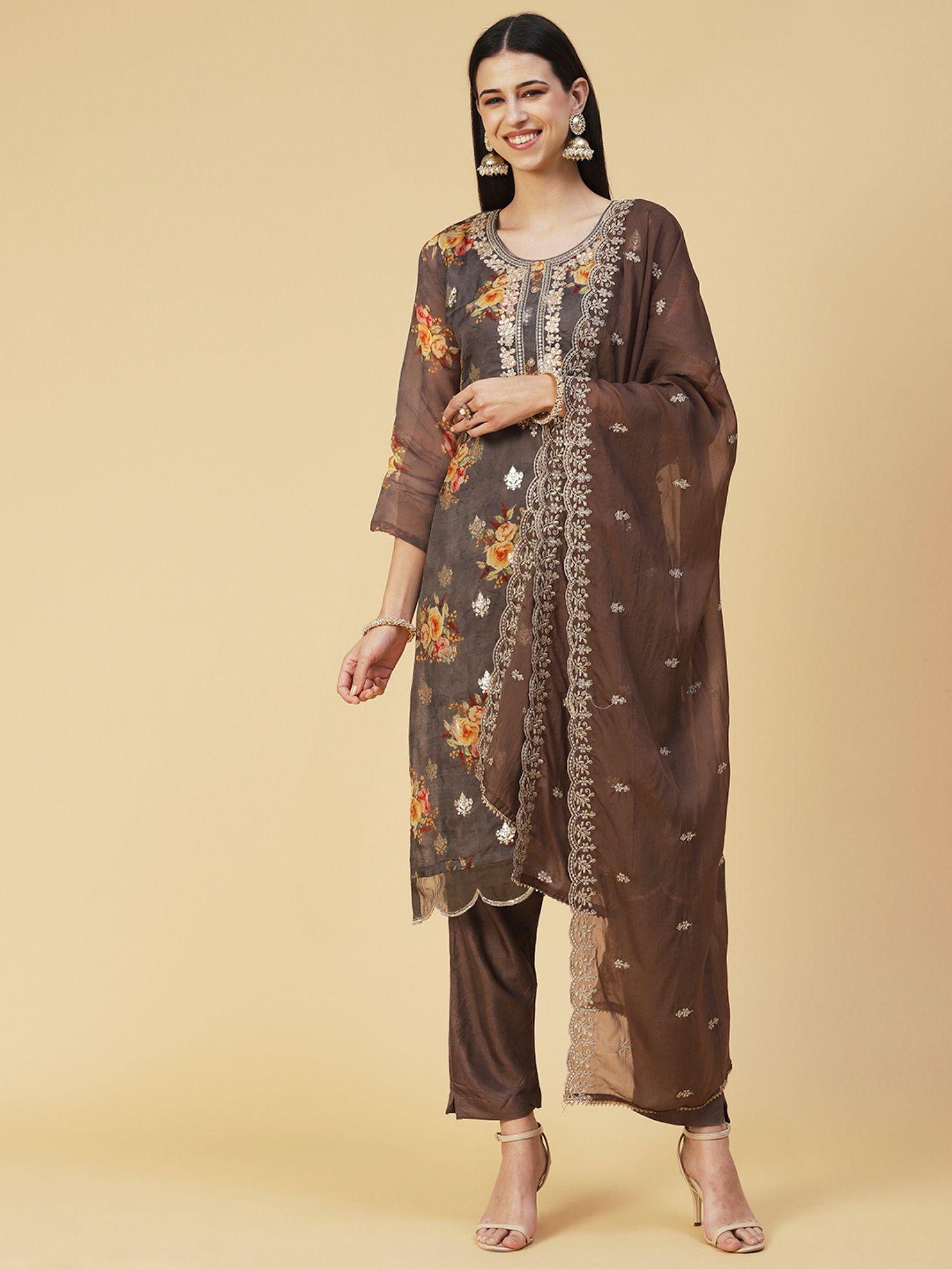 floral printed zari embroidered kurta with pants & dupatta - coffee brown (set of 3)