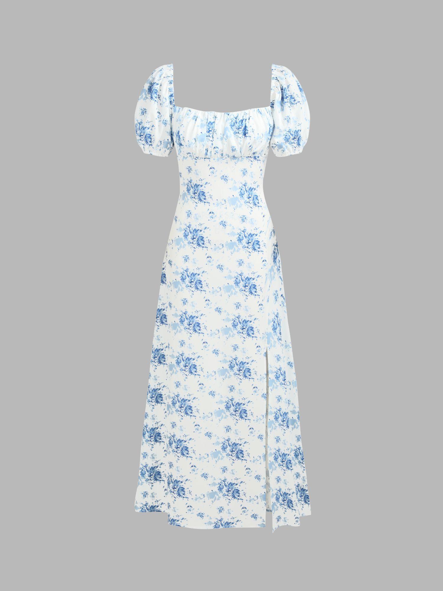 floral puff sleeve split maxi dress