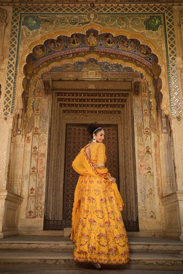 floral raw silk v-neck womens lehenga choli set