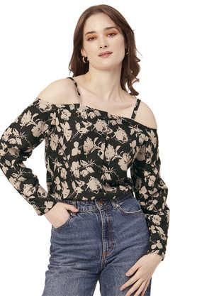 floral rayon blend off shoulder women's top - natural