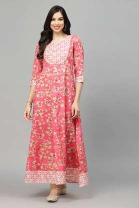 floral rayon blend round neck women's festive wear kurta - pink