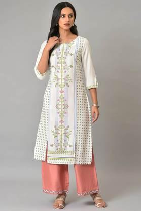 floral rayon blend round neck women's kurta - ecru