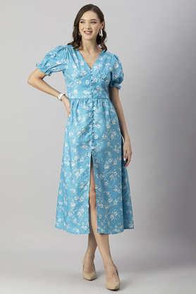 floral rayon blend v neck women's maxi dress - turquoise