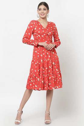 floral rayon blend v neck women's midi dress - red