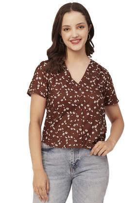 floral rayon blend v neck women's top - brown