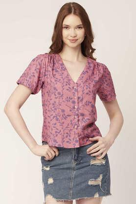 floral rayon blend v neck women's top - coral