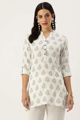 floral rayon collared women's tunic - white