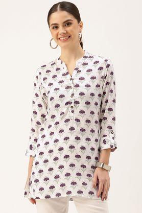 floral rayon collared women's tunic - white