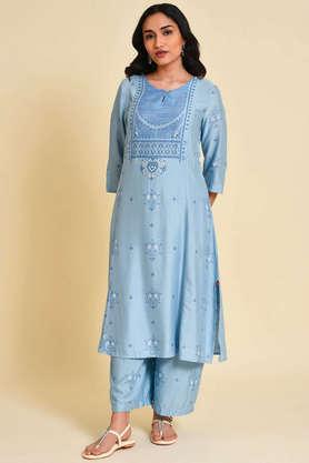 floral rayon key hole neck women's kurta pant set - light blue