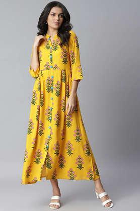 floral rayon mandarin women's kurta - yellow