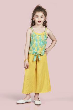 floral rayon regular fit girls jumpsuit with tie up top - yellow