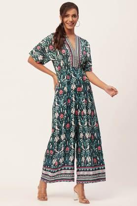 floral rayon regular fit women's jumpsuit - green