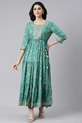 floral rayon round neck women's casual wear ethnic dress - green